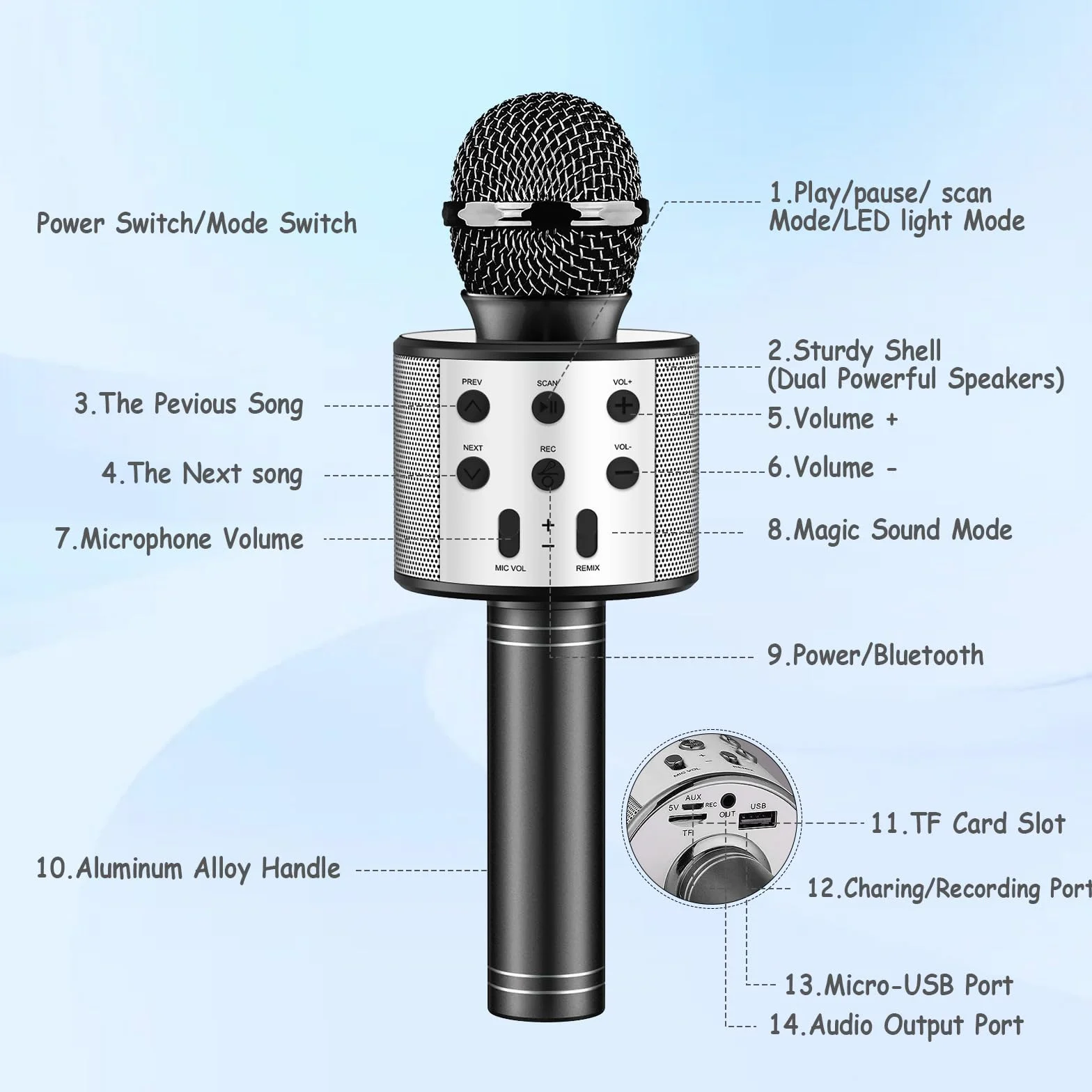 Microphone Karaoké sans Fil Bluetooth LED Multicolore pour Enfants Adultes Chanter Fête Anniversaire Cadeau Noir