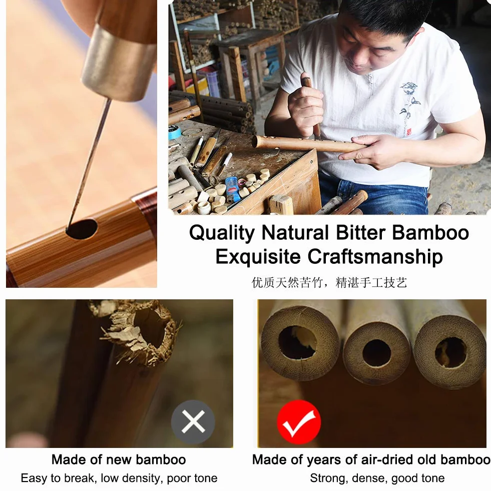 Flûte dizi en bambou faite à la main - Instrument de musique chinois en bois - Clé de fa, avec membrane, colle et protection (noir)