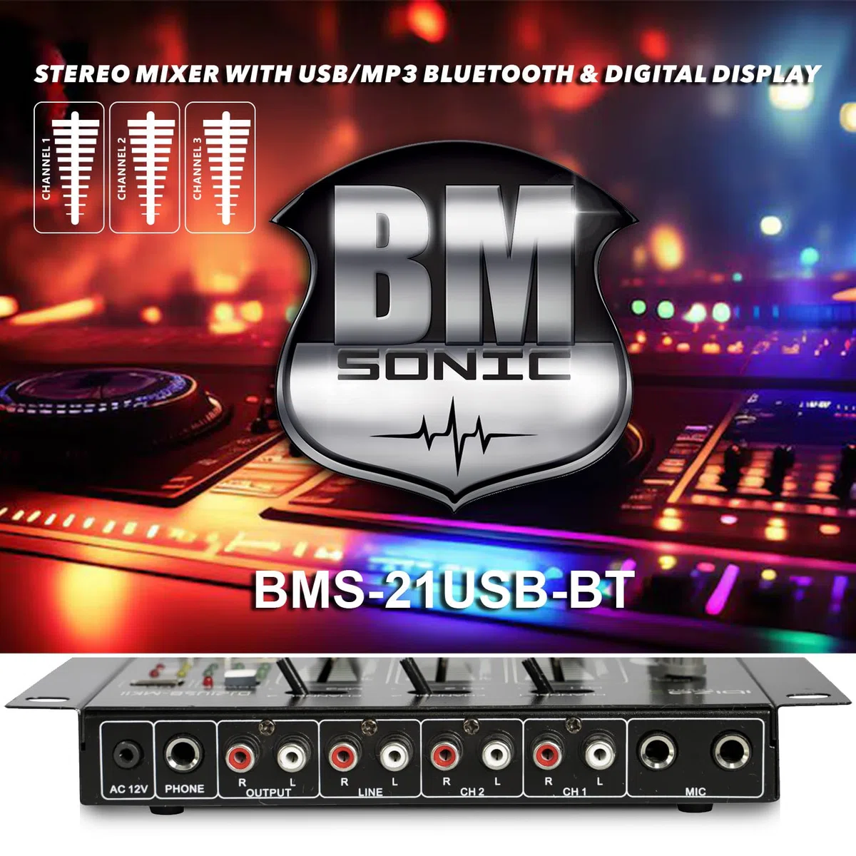 Kit Sonorisation 300W Bm Sonic BMS-DJ300-USB-BT Initiation DJ Enceintes Ampli Table de Mixage Bluetooth USB, Microphone Câblages