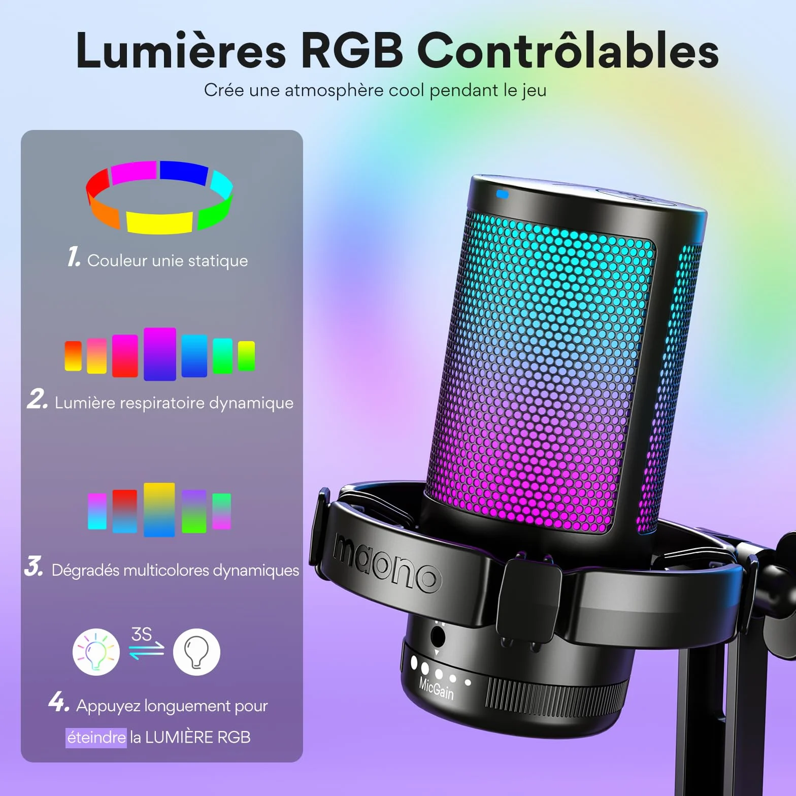 MAONO DGM20 Micro Gaming RGB, Condensateur Microphone USB Antibruit pour Streaming Podcast Studio avec Éclairage RGB Contrôlable