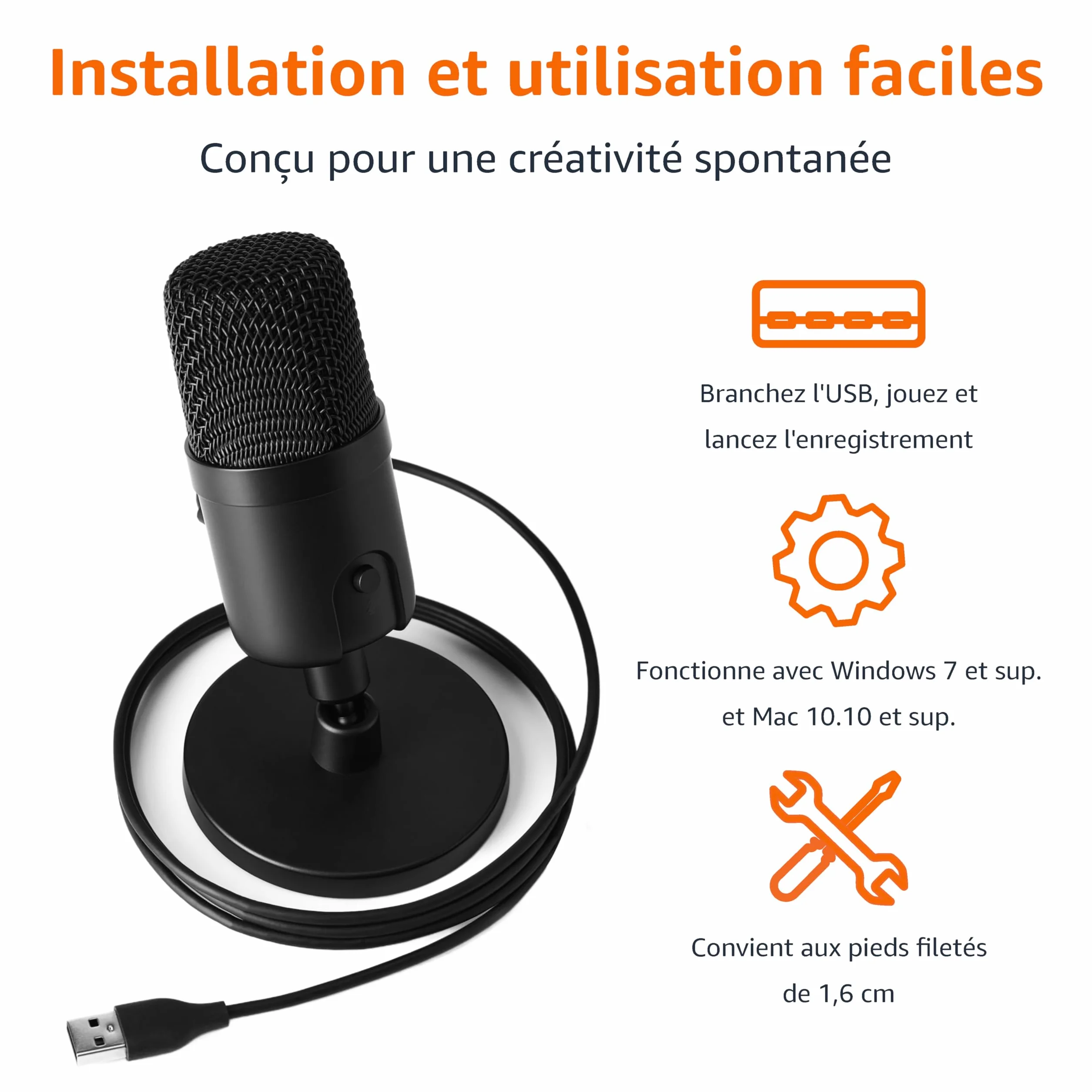 Amazon Basics Microphone à condensateur USB miniature cardioïde pour streaming jeux podcasting Noir 5.8 x 3.4 inches