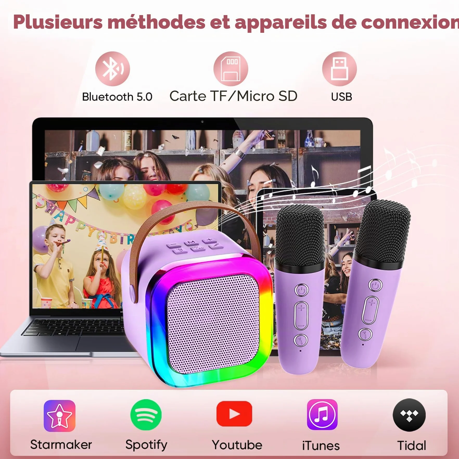 Mini Machine de Karaoké pour Enfants et Adultes avec 2 Microphones sans Fil, Cadeau Anniversaire Filles 6-12 Ans, Violet