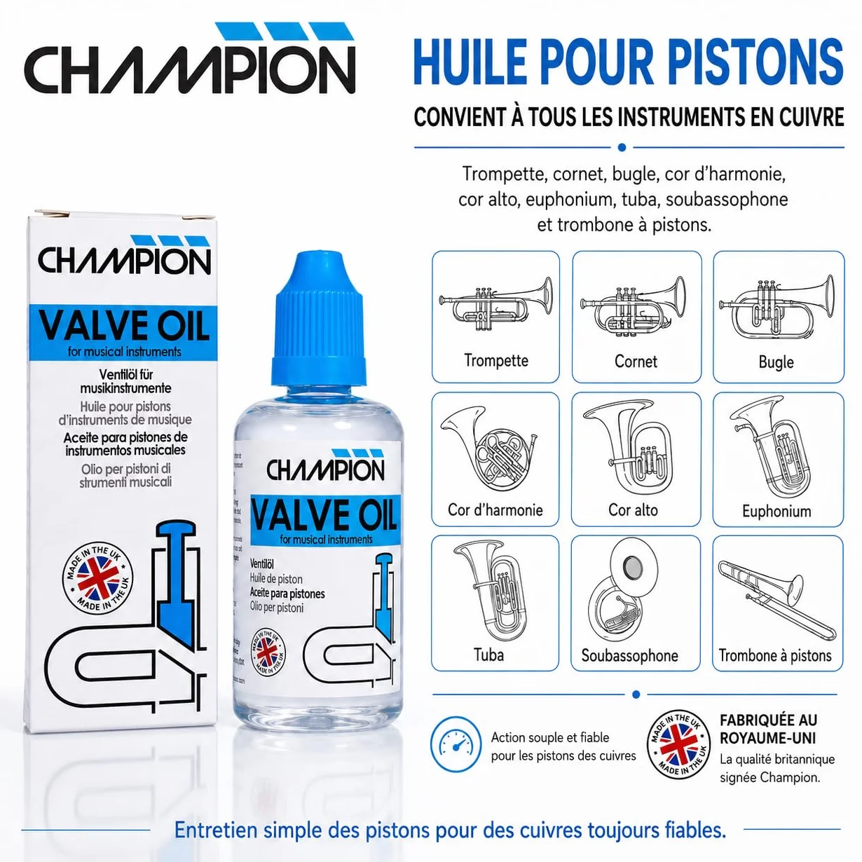 Champion huile pour pistons 50ml pour trompette cornet euphonium tuba baryton