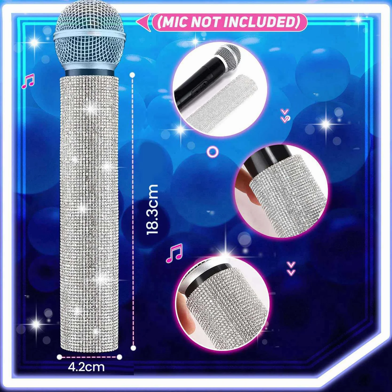 Lot de 3 housses de poignée de micro avec strass brillants argenté pour micro sans fil fête émission TV