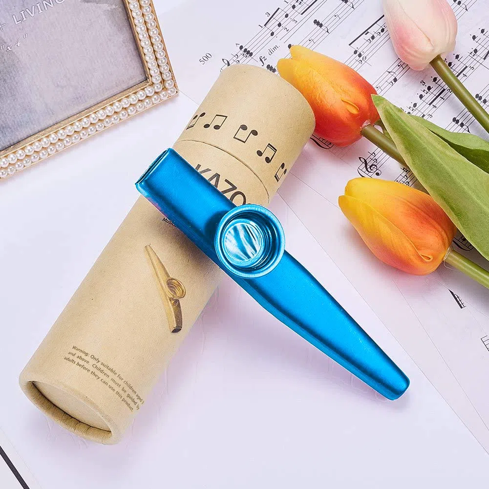 WANDIC Kazoo, Kazoo en alliage d'aluminium léger et 3 diaphragmes à flûte à membrane, Kazoos avec boîte-cadeau vintage, bleu