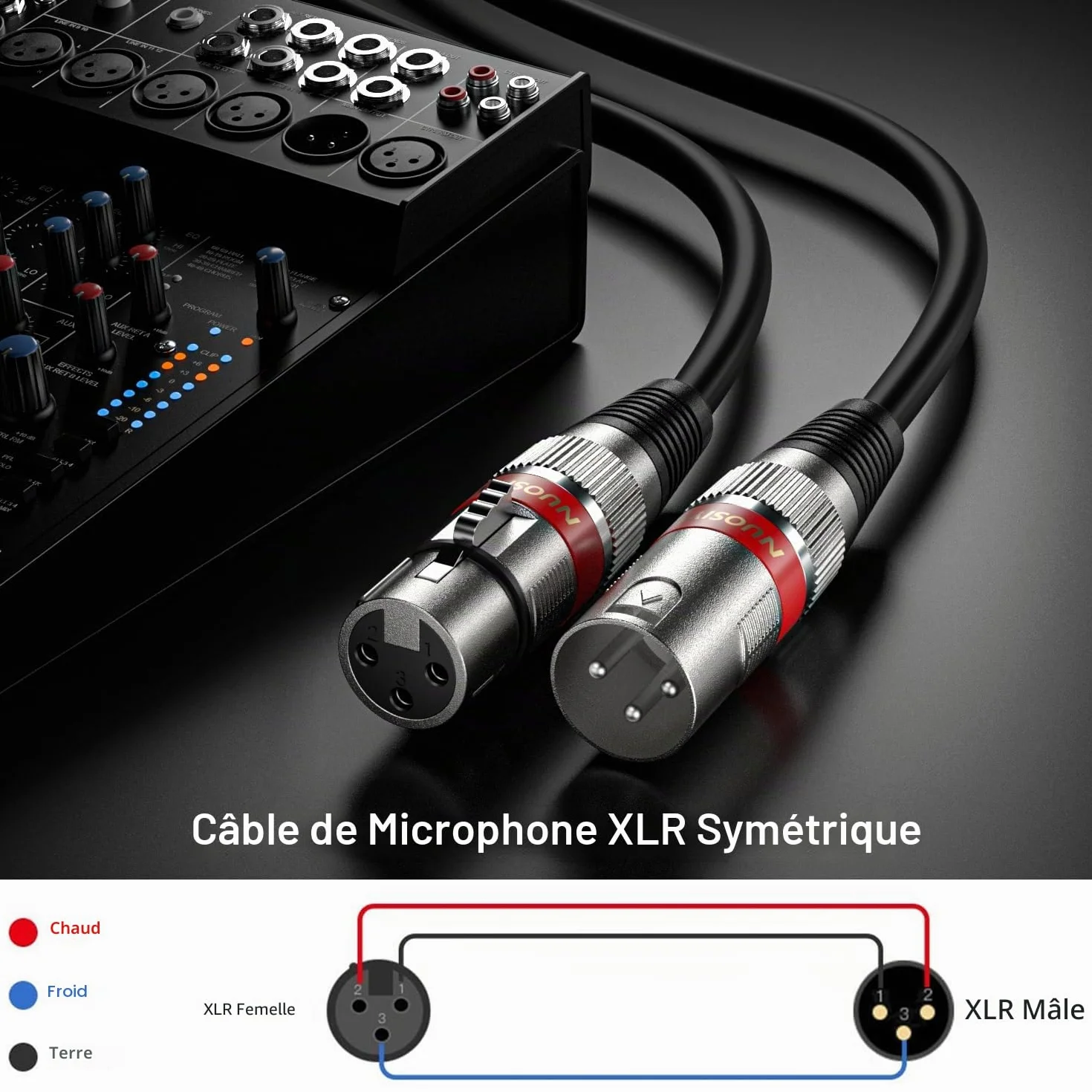 Lot de 2 câbles XLR 5 m - Câble d'extension audio symétrique mâle vers femelle 3 broches
