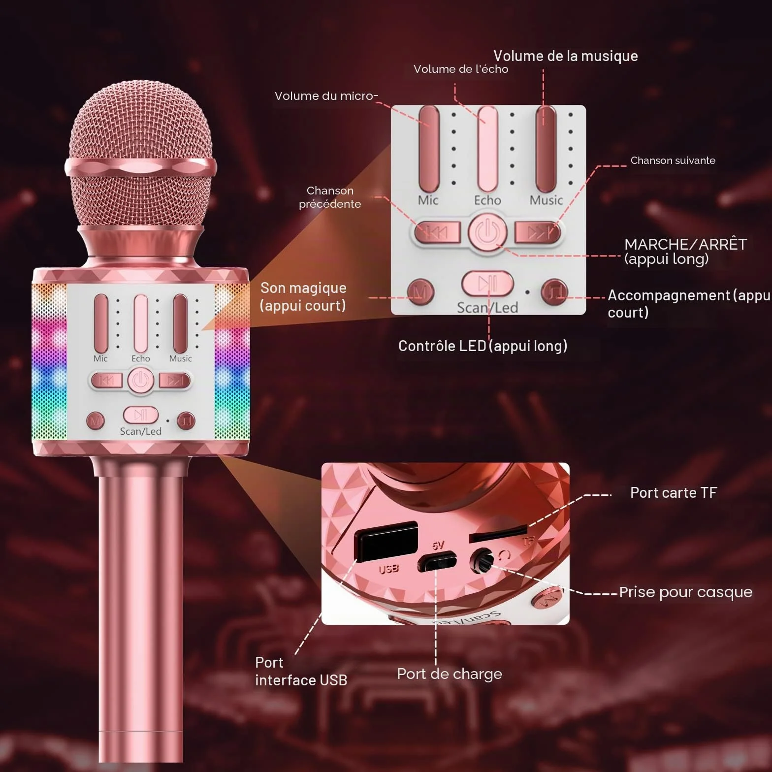 Microphone Sans Fil Bluetooth Portable Karaoké Micro Haut-Parleur avec Lumière pour Enfants Adultes