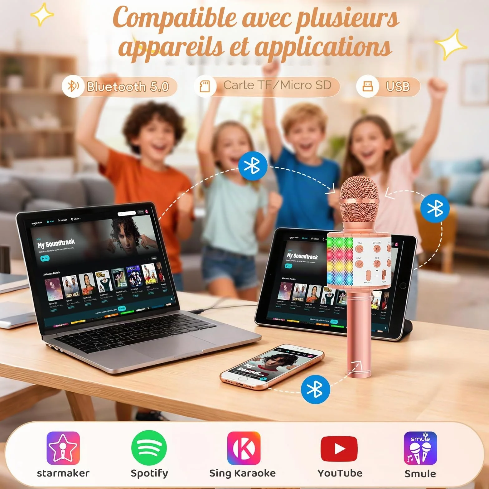 Fede Microphone Karaoké sans Fil Bluetooth LED Multicolore Portable Haut-Parleur pour Enfants Adultes Chanter Compatible Android iOS PC