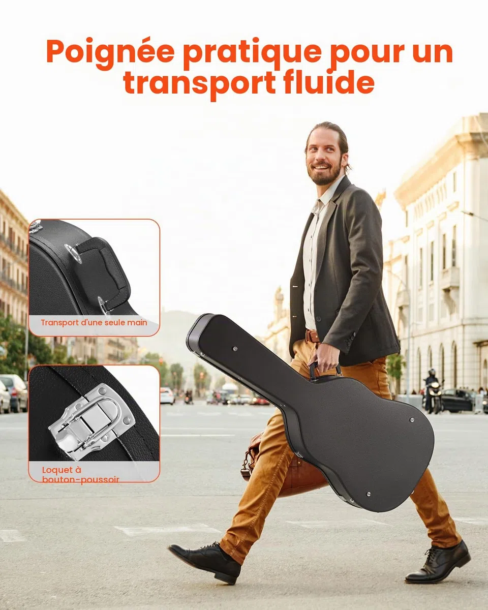 VEVOR Étui Guitare Acoustique Rigide Forme Gourde 1100 mm avec Verrouillage Clés, Poignée, Rembourrage PVC, Doublure Souple, Résistants à l'Eau, pour Guitares Acoustiques de 39-41 po 99-104 cm, Noir