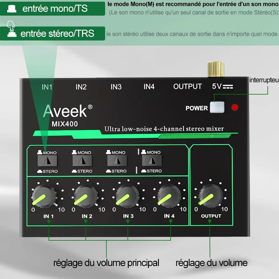 Aveek Mini Line Mélangeur audio 4 canaux stéréo/mono entrée/sortie TRS 6,35 mm