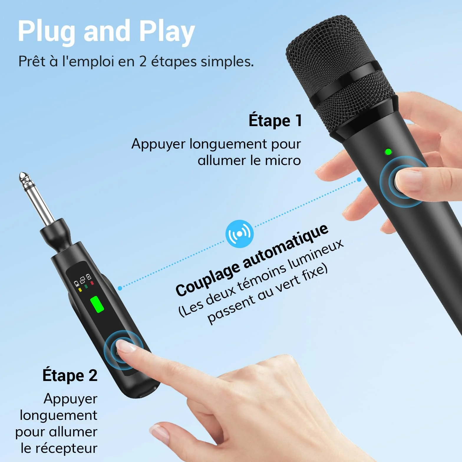 TONOR Microphones Dynamiques sans Fil 2.4GHz Rechargeables, Système Double Micro à Main avec Récepteur, Autonomie 30H pour Karaoké