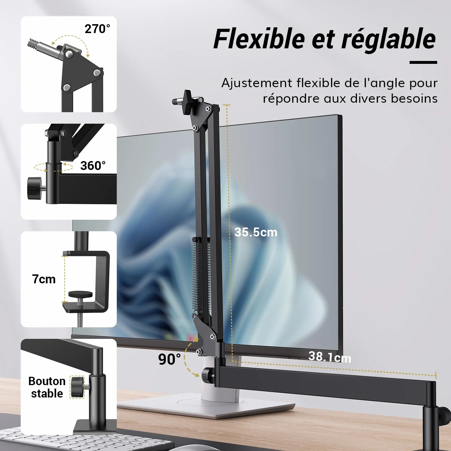 TONOR Bras de Microphone T20LP, Entièrement Ajustable 360° Rotatif 90° Pliable, 38 cm +35 cm, Noir