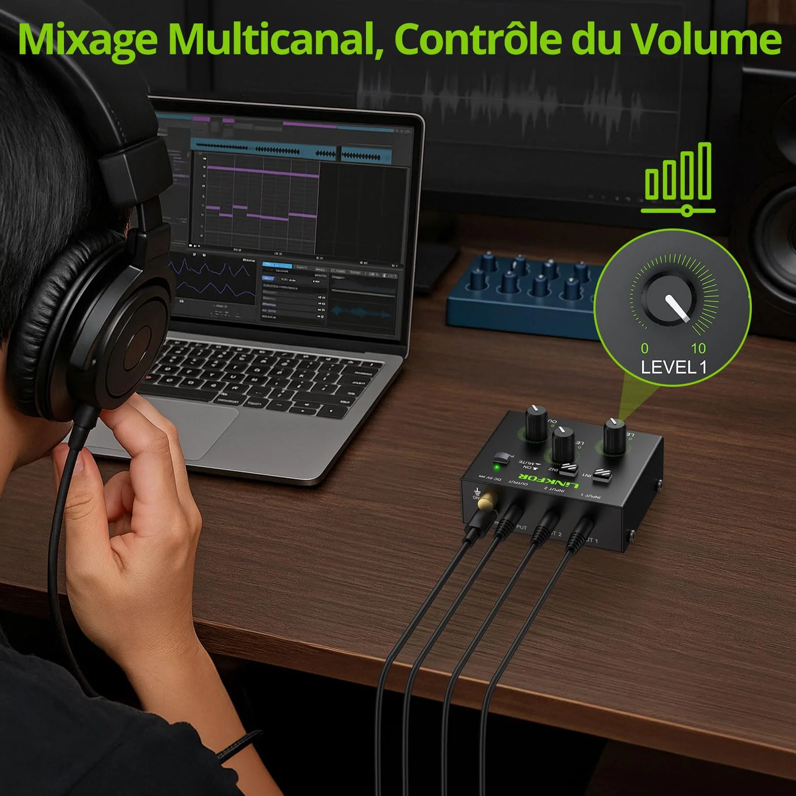 LiNKFOR Mixer Stéréo 3.5mm 2 Canaux Préamplificateur Table de Mixage Mini avec Contrôle Volume
