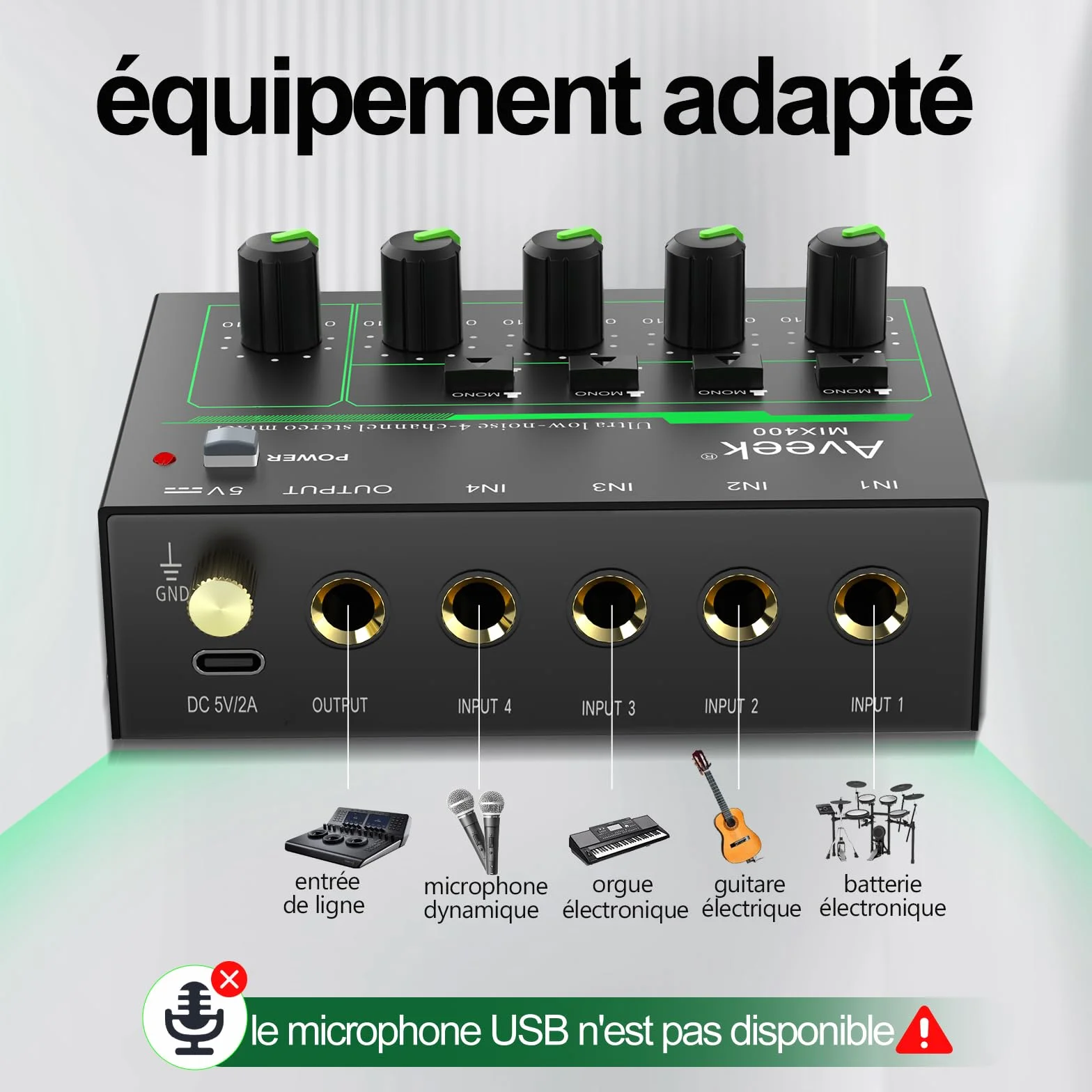 Aveek Mini Line Mélangeur audio 4 canaux stéréo/mono entrée/sortie TRS 6,35 mm