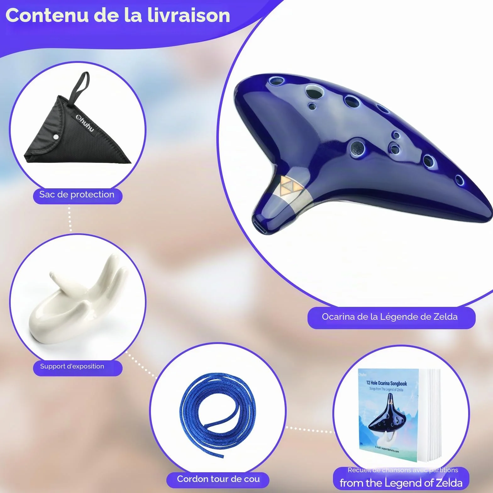 Ohuhu Ocarina 12 Trous Céramique Alto C Instrument de Musique Zelda avec Livre de Chansons Bleu
