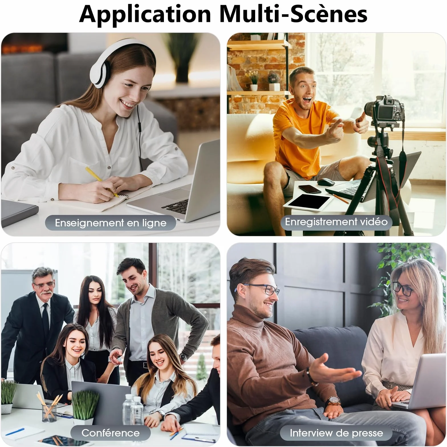 Micro Cravate sans Fil 4 en 1 pour iPhone Téléphone Caméra Ordinateur - Mini Microphone à Pince avec Filtres Anti-Pop pour Enregistrement Vidéo
