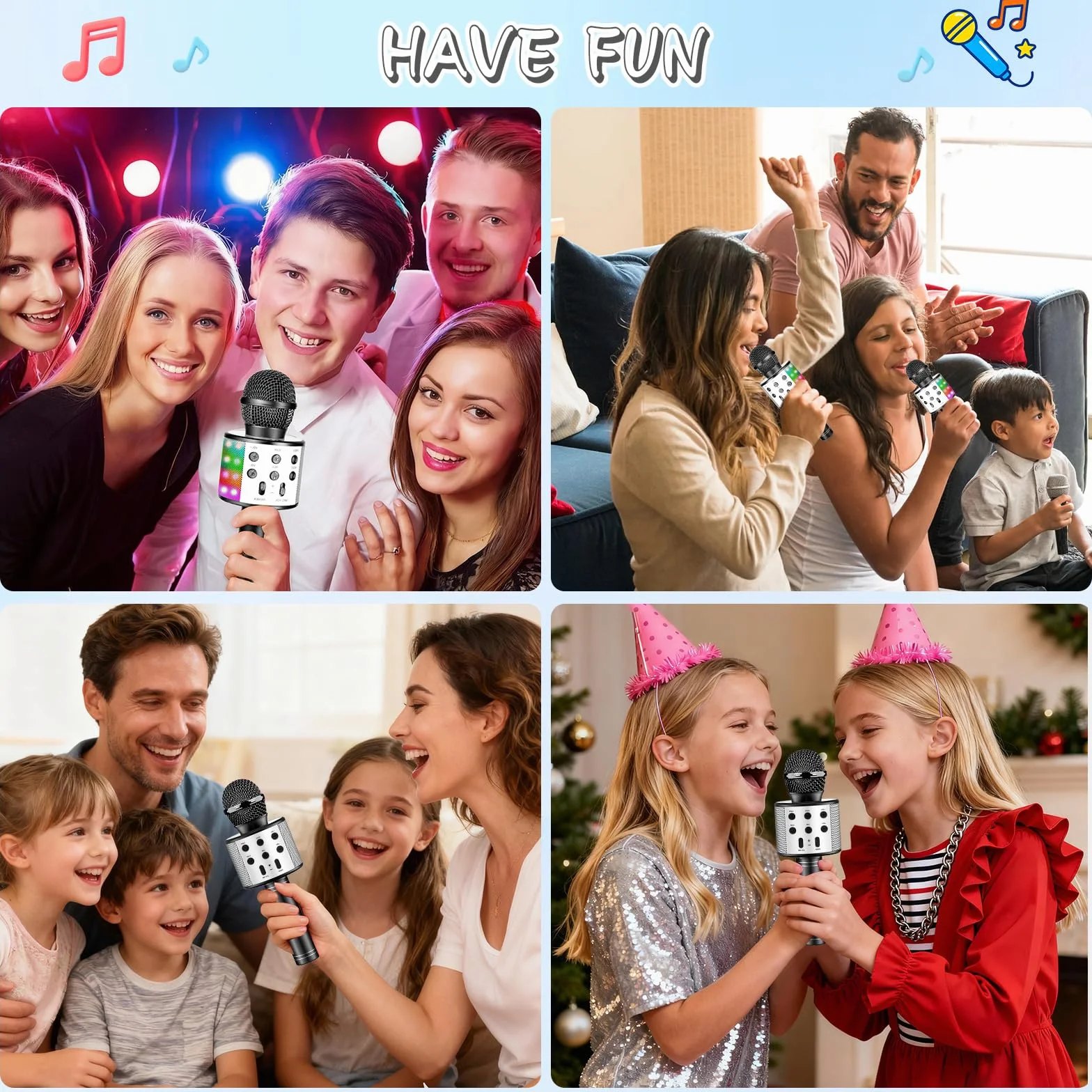 Microphone Karaoké sans Fil Bluetooth LED Multicolore pour Enfants Adultes Chanter Fête Anniversaire Cadeau Noir