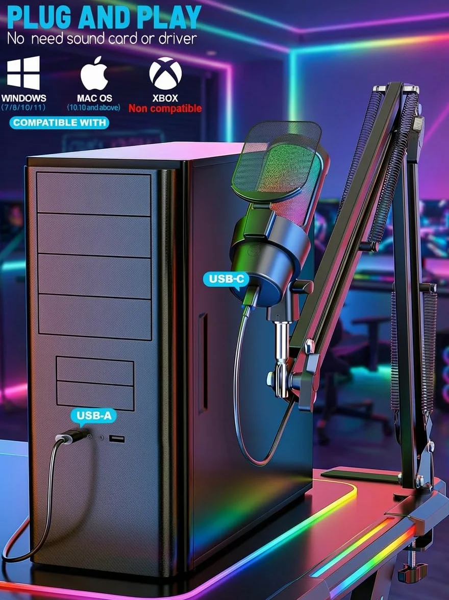 Anykuu Microphone Condensateur Cardioïde 192 kHz/24 Bits avec Bras Articulé, RVB pour Streaming Gaming Podcast PC Mac PS4/PS5