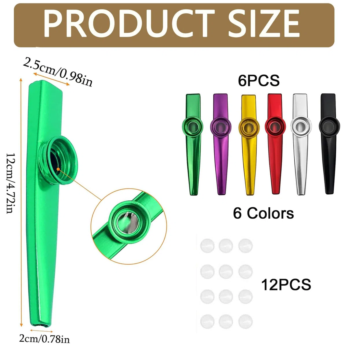6 Pièces Kazoo en Alliage d'Aluminium avec 12 Membranes - 6 Couleurs Métal pour Accompagnement de Guitare ou d'Harmonica - Instrument pour Enfants, Amateurs et Débutants en Musique