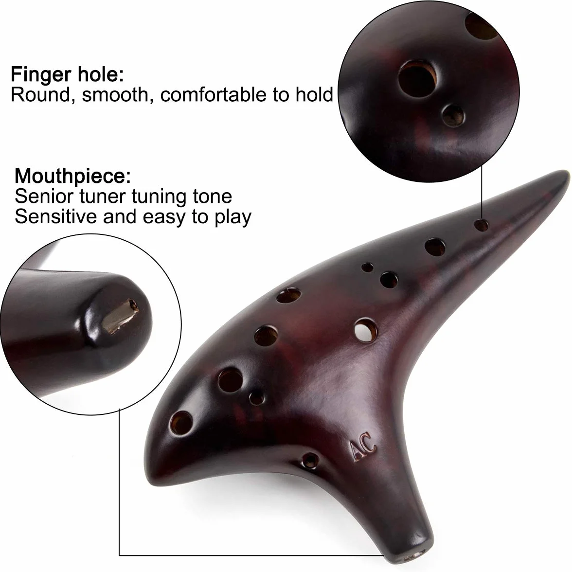 Ocarina Alto C en Céramique de Paille Fumé avec Sac de Protection et Livret