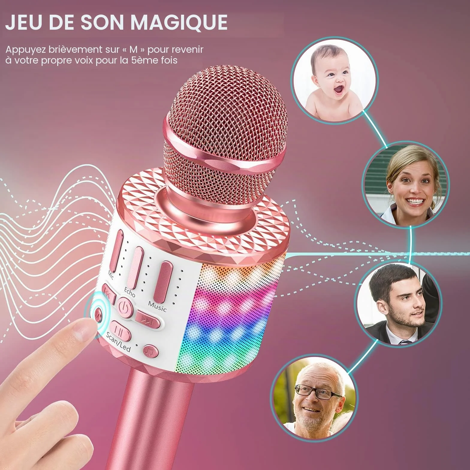 Microphone Sans Fil Bluetooth Portable Karaoké Micro Haut-Parleur avec Lumière pour Enfants Adultes
