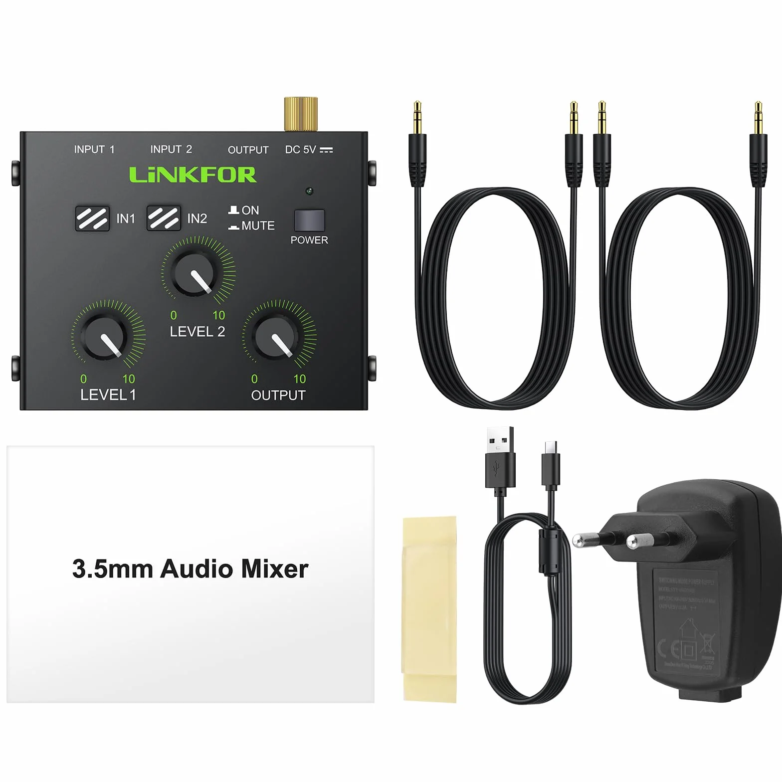 LiNKFOR Mixer Stéréo 3.5mm 2 Canaux Préamplificateur Table de Mixage Mini avec Contrôle Volume