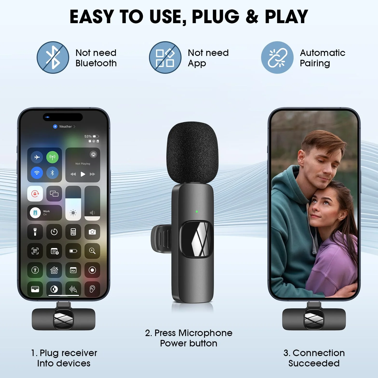 Micro Cravate sans fil USB C pour iPhone Android PC, Réduction du bruit, Clip Plug-Play pour Enregistrement Vidéo Vlogging