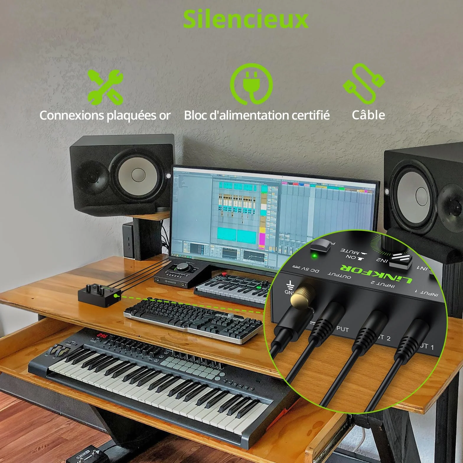 LiNKFOR Mixer Stéréo 3.5mm 2 Canaux Préamplificateur Table de Mixage Mini avec Contrôle Volume