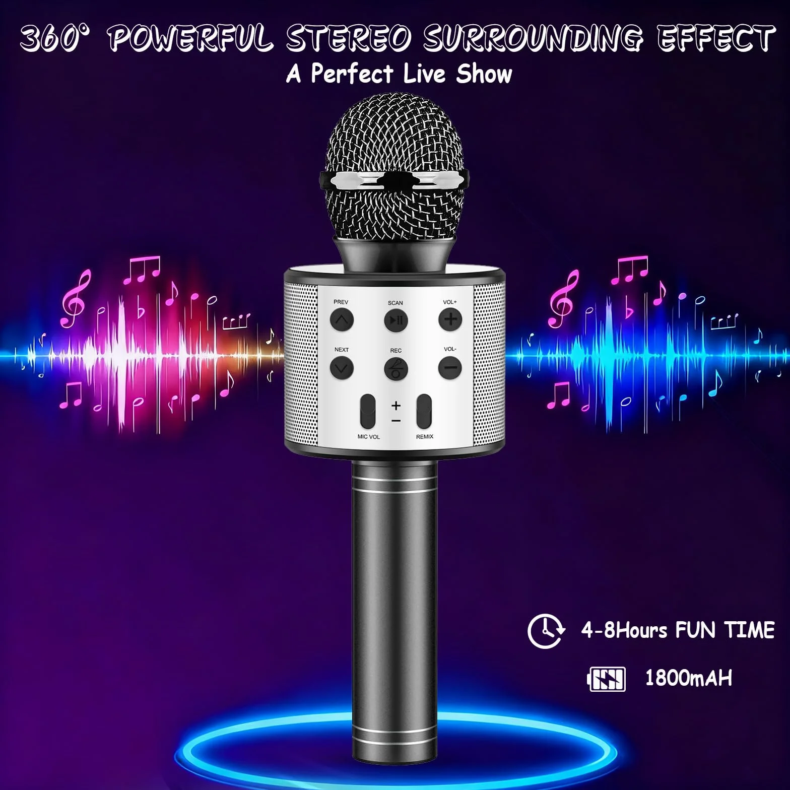 Microphone Karaoké sans Fil Bluetooth LED Multicolore pour Enfants Adultes Chanter Fête Anniversaire Cadeau Noir