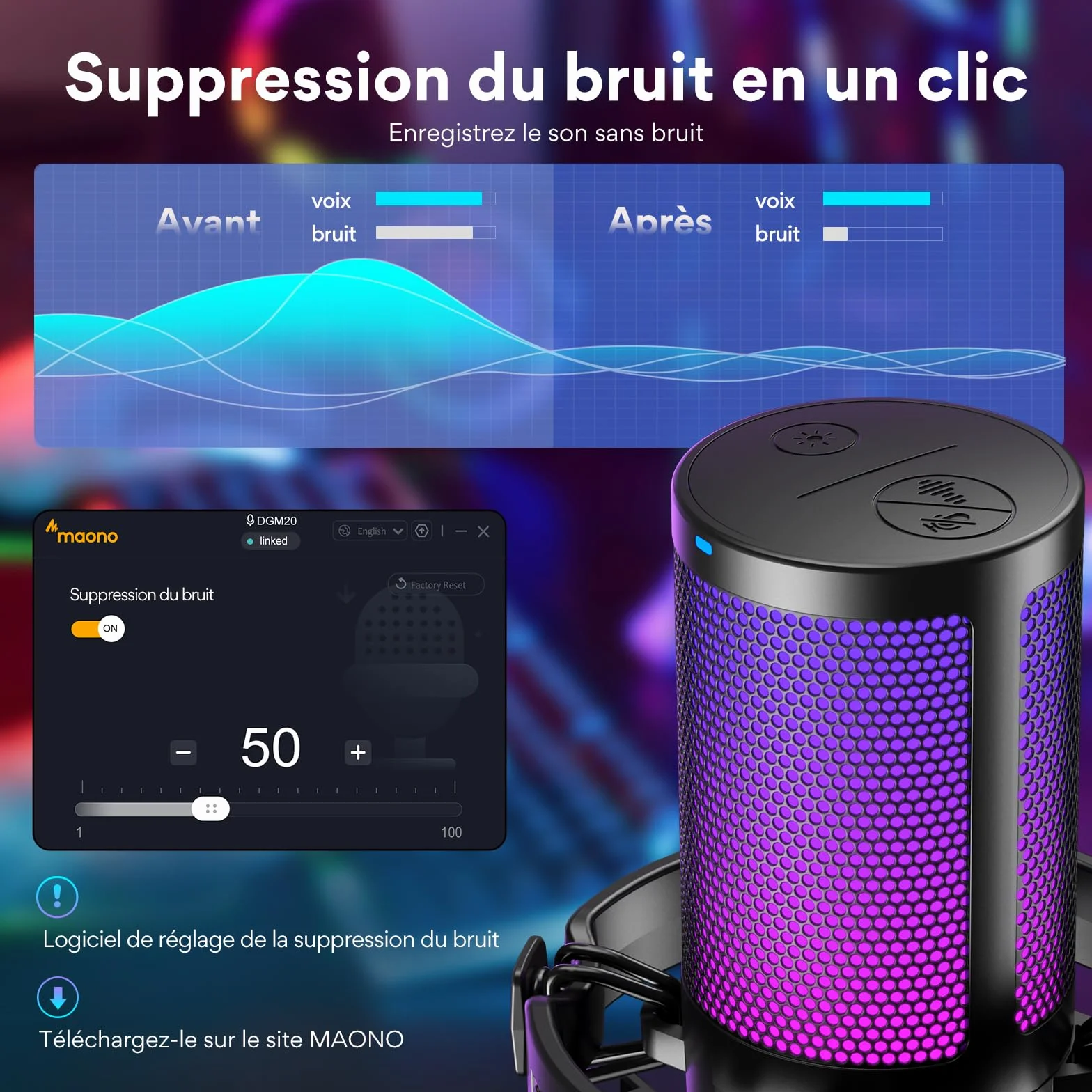 MAONO DGM20 Micro Gaming RGB, Condensateur Microphone USB Antibruit pour Streaming Podcast Studio avec Éclairage RGB Contrôlable