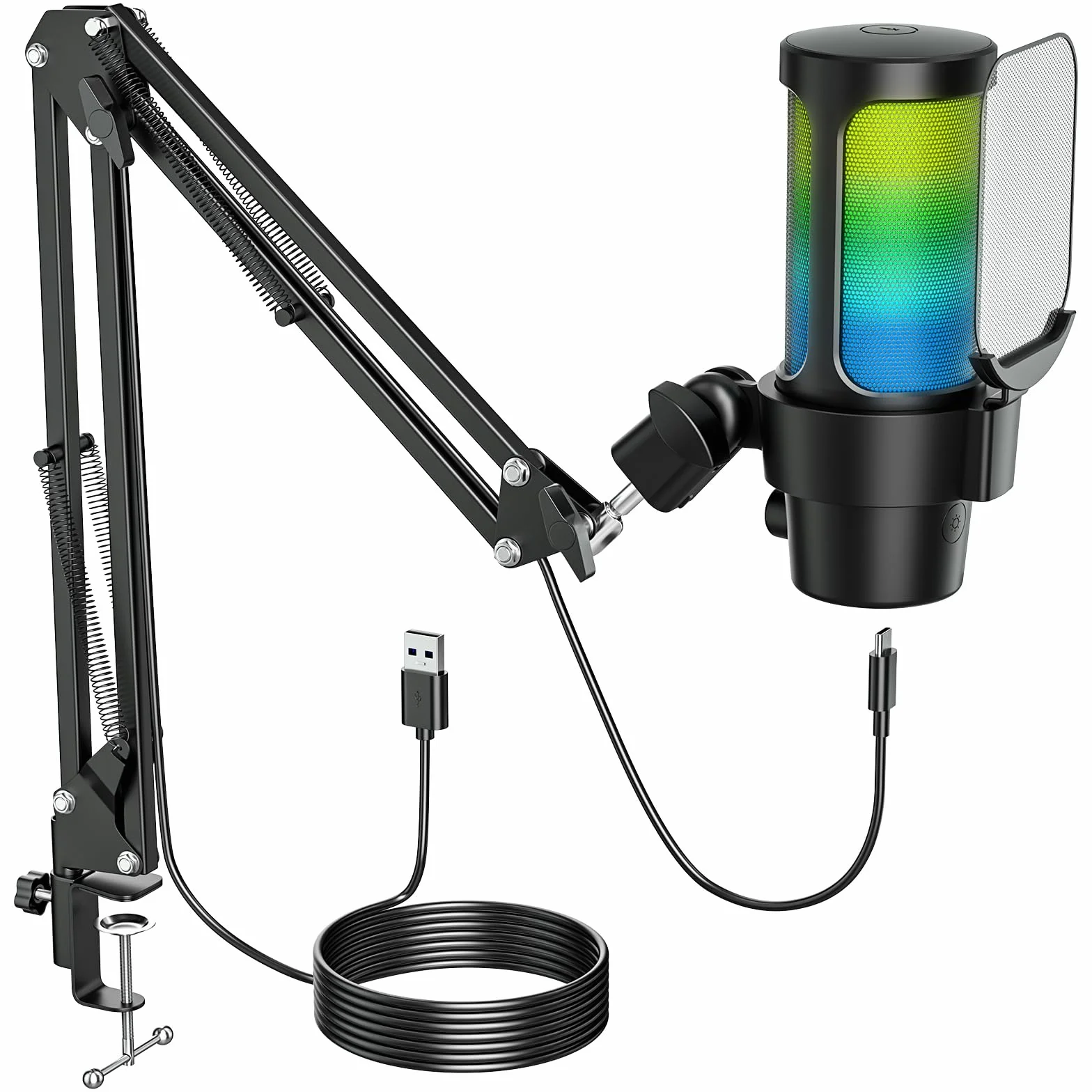 Anykuu Microphone Condensateur Cardioïde 192 kHz/24 Bits avec Bras Articulé, RVB pour Streaming Gaming Podcast PC Mac PS4/PS5