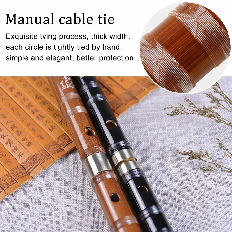 Flûte dizi en bambou faite à la main - Instrument de musique chinois en bois - Clé de fa, avec membrane, colle et protection (noir)