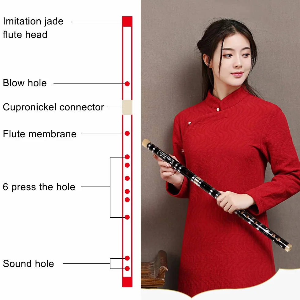 Flûte dizi en bambou faite à la main - Instrument de musique chinois en bois - Clé de fa, avec membrane, colle et protection (noir)