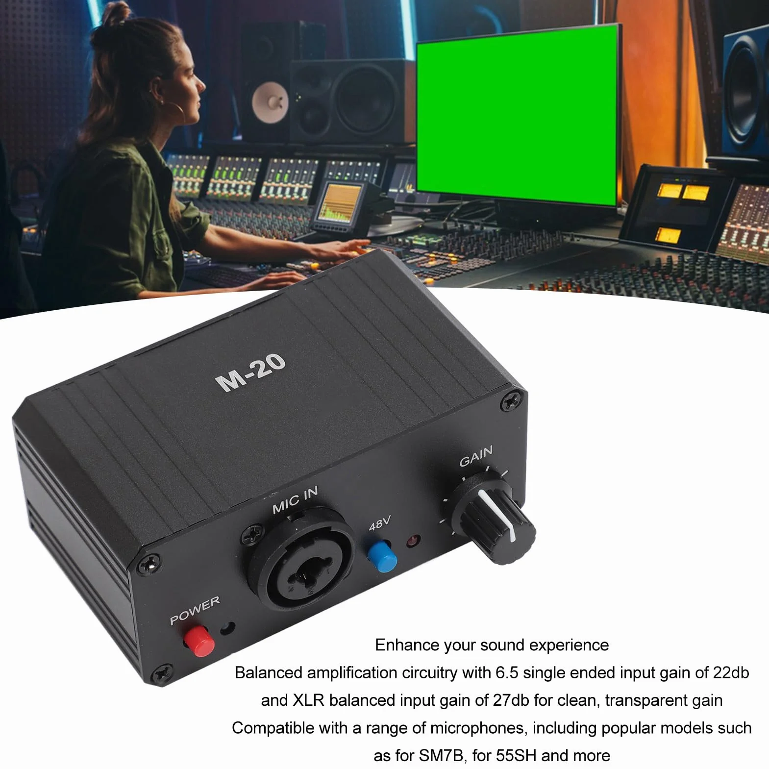 Amplificateur de Microphone Faible Bruit 48 V Alimentation Fantôme Préampli Léger Boîtier Métal Noir Gain élevé Sortie XLR
