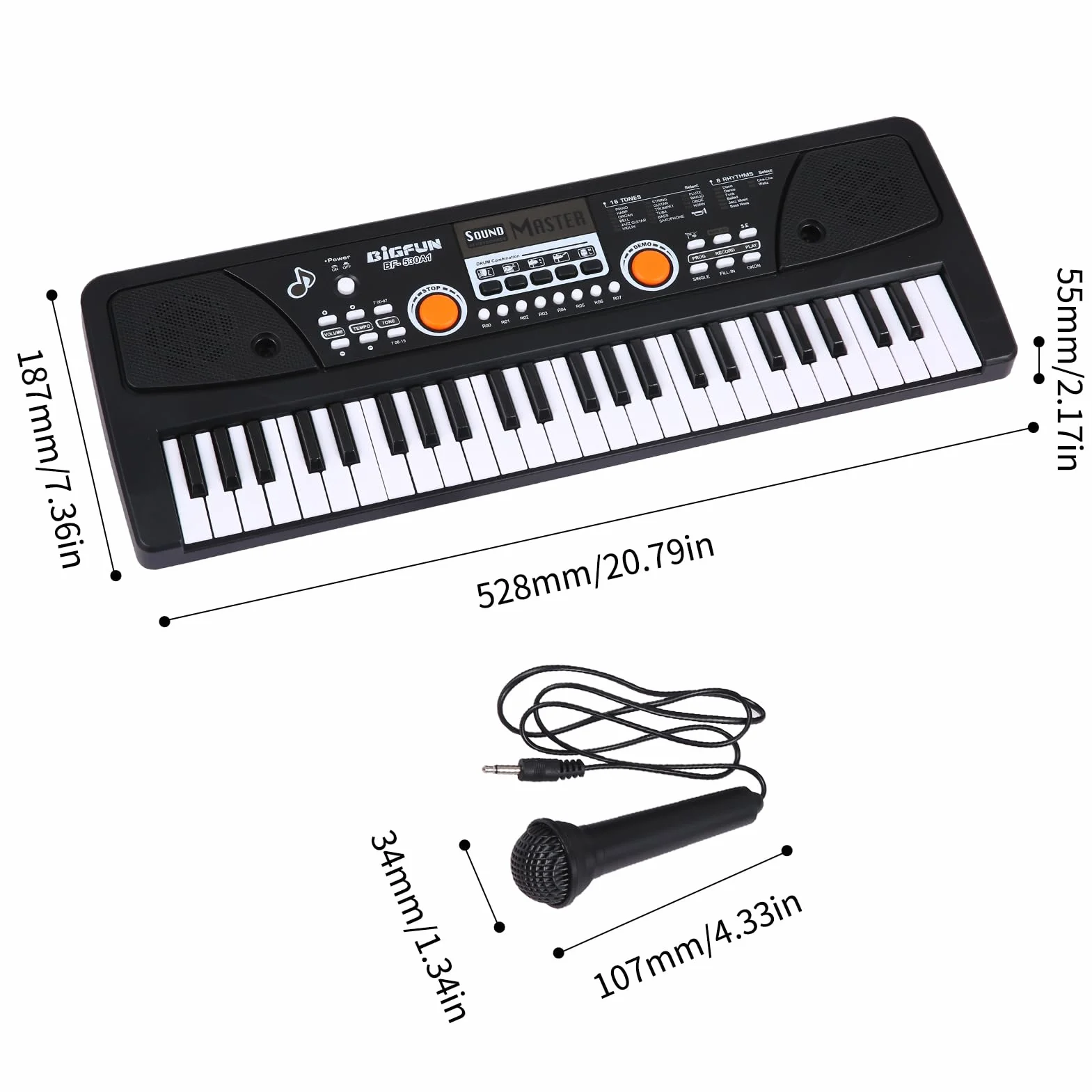 USB Orgue Électronique Piano Électrique 49 Touches avec Microphone Noir Haut-parleurs Stéréo Intégrés 16 Tons 8 Rythmes