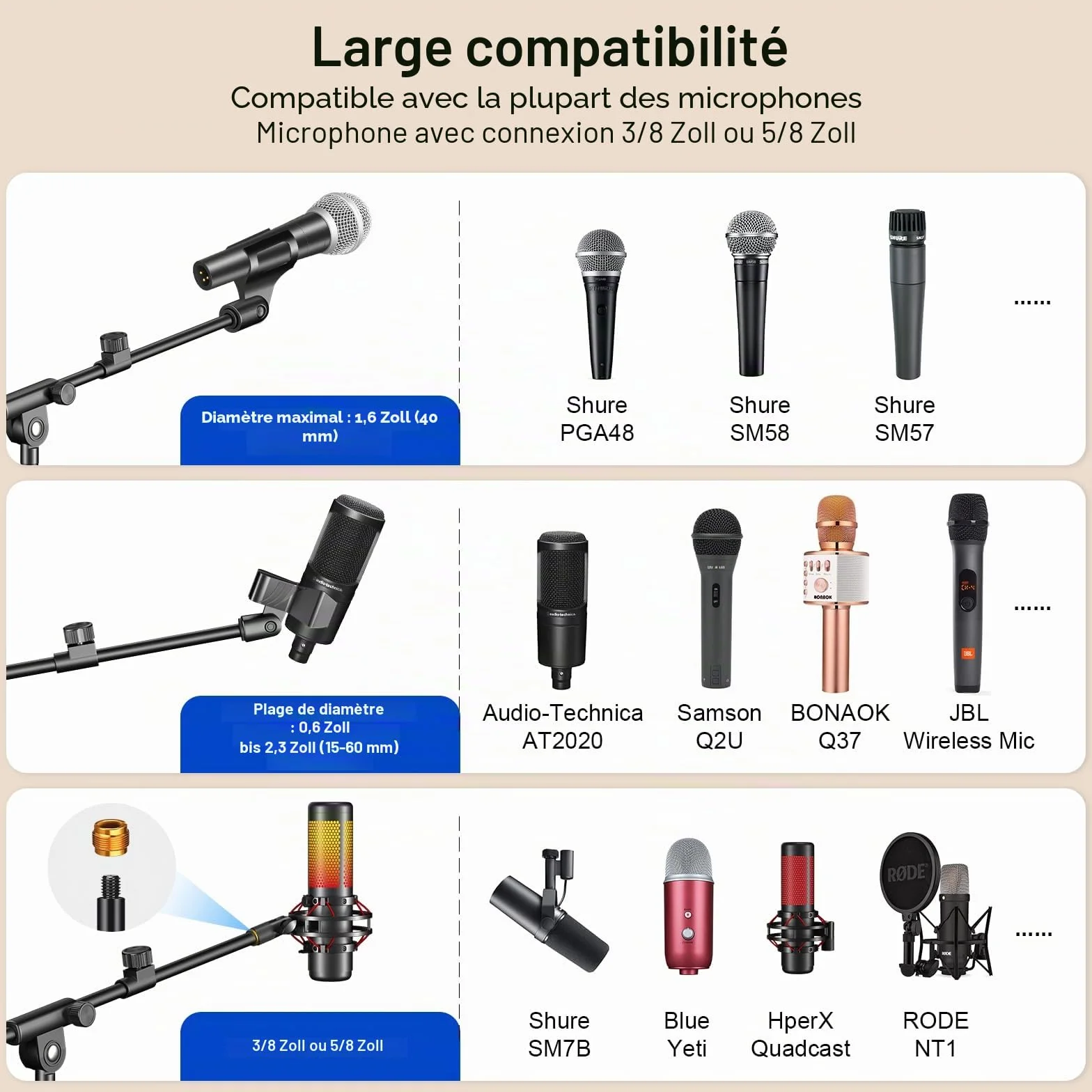 Support de micro trépied avec perche réglable en hauteur pour Blue Yeti Shure