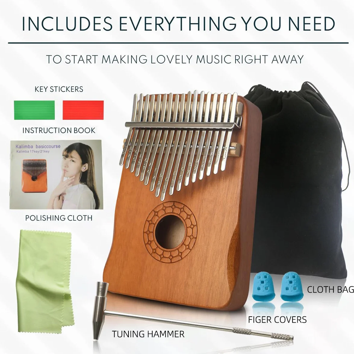 Kalimba 17 touches Mbira acajou acier marteau d'accordage protège-doigts autocollants cadeau enfants