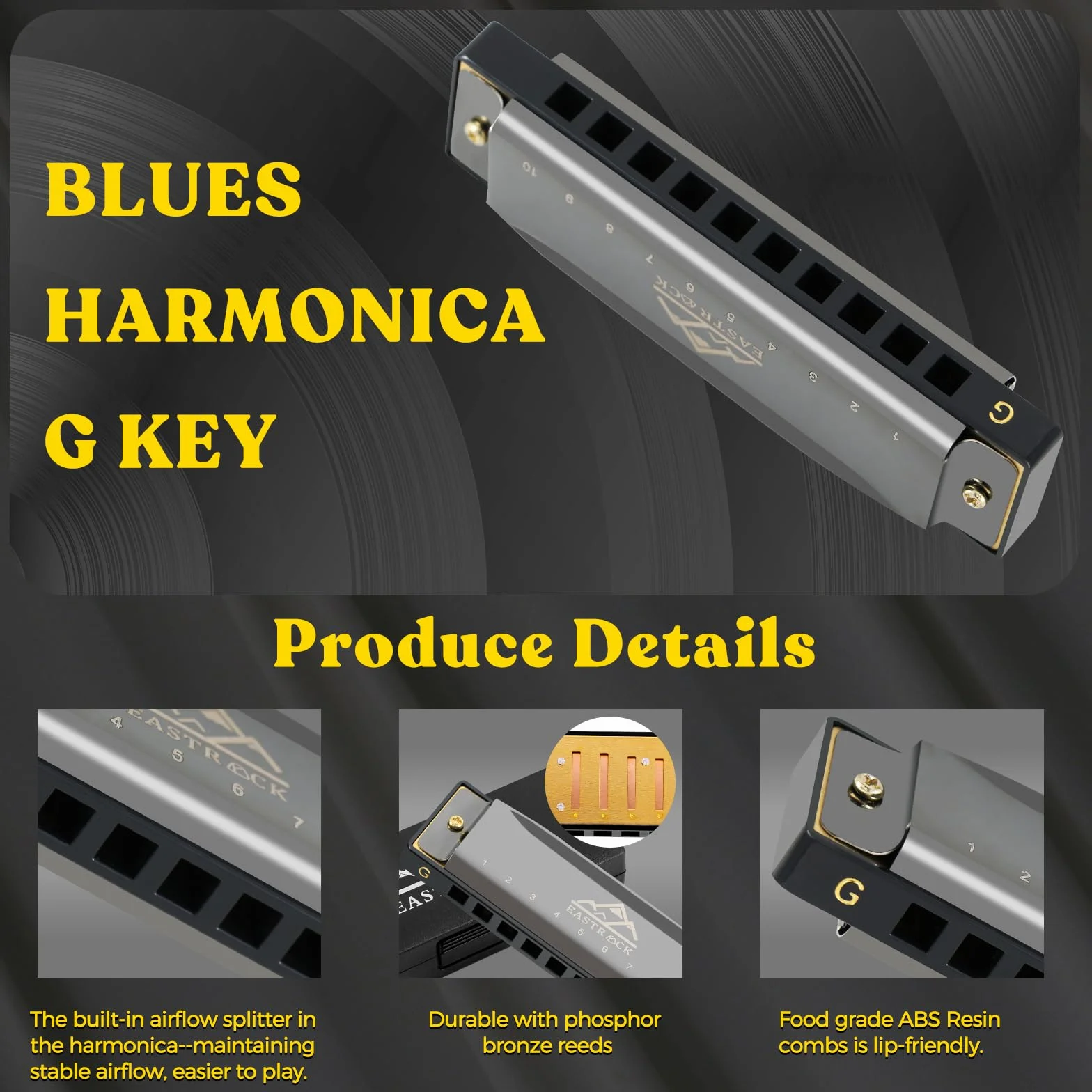 EastRock Harmonica à bouche 10 trous en sol diatonique avec étui