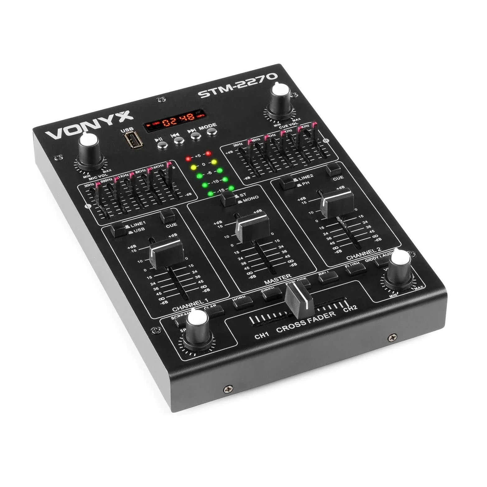 Vonyx STM2270 Table de Mixage DJ 4 Canaux, Entrée USB, Bluetooth, 8 Effets sons Individuels, Equalizer 5 Bandes, Entrée Micro et Sortie Casque, Écran LCD