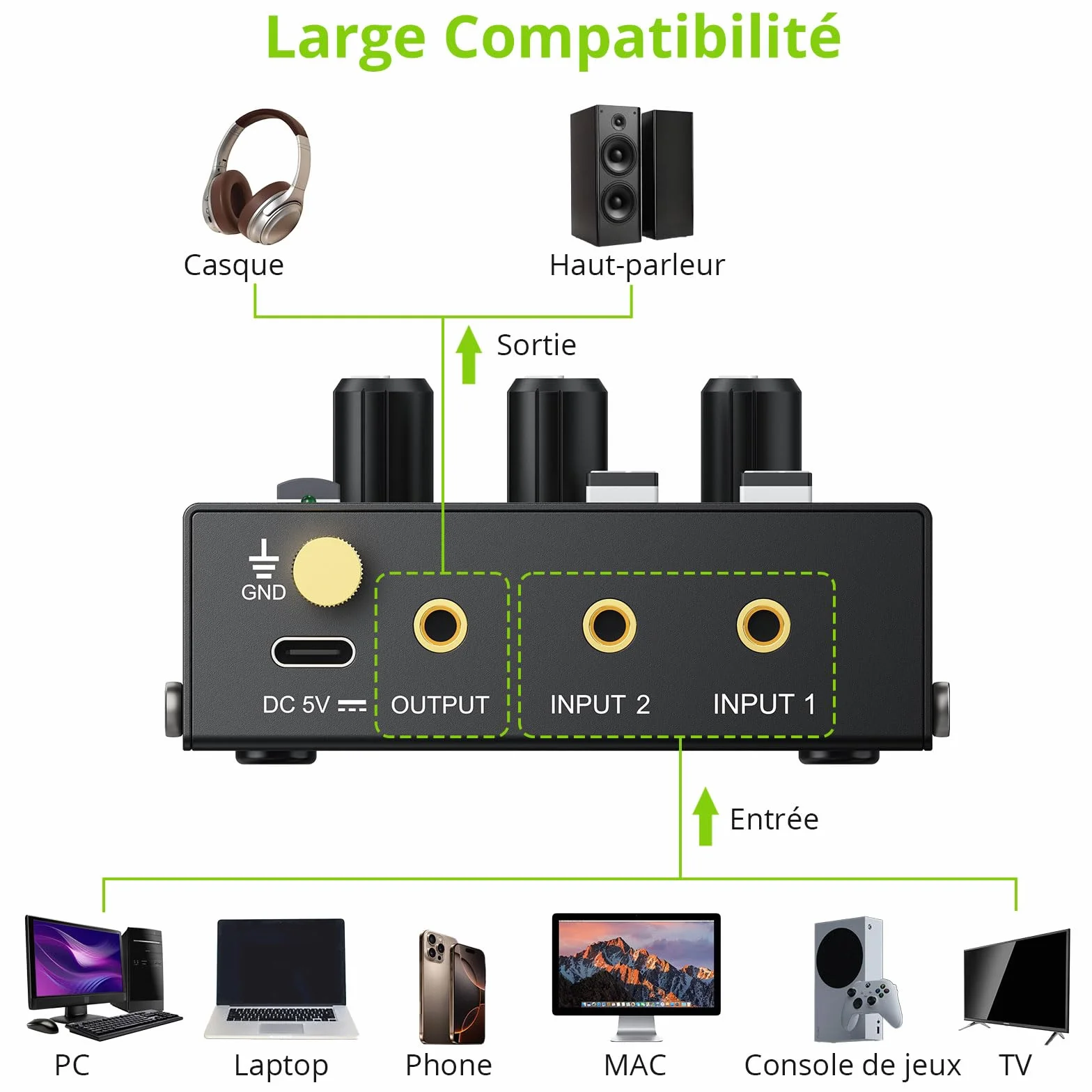 LiNKFOR Mixer Stéréo 3.5mm 2 Canaux Préamplificateur Table de Mixage Mini avec Contrôle Volume