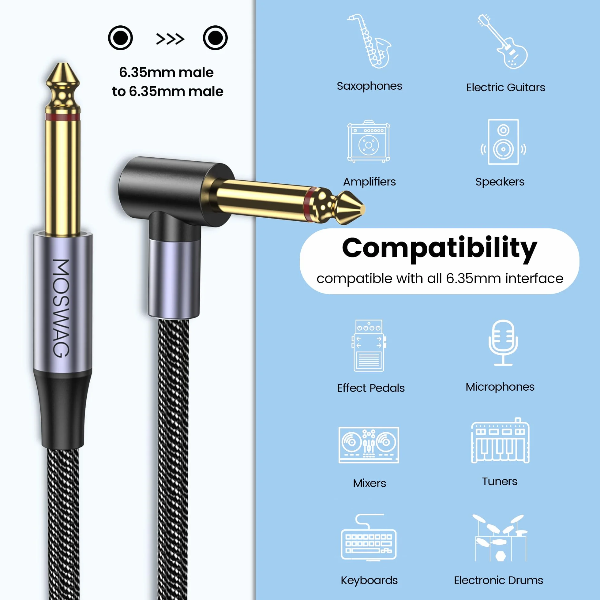 Câble Instrument 3m Jack Coudé pour Guitare Électrique et Basse MOSWAG