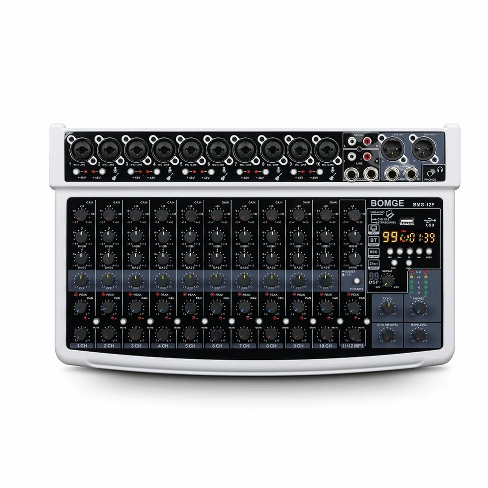 BOMGE Mixeur audio professionnel, 12 canaux, Bluetooth, USB, alimentation 48 V, entrées XLR/RCA, effets DSP