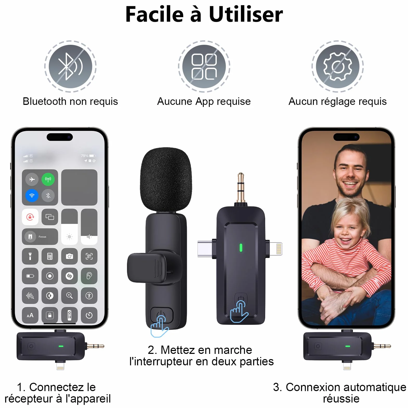 Micro Cravate sans Fil 4 en 1 pour iPhone Téléphone Caméra Ordinateur - Mini Microphone à Pince avec Filtres Anti-Pop pour Enregistrement Vidéo