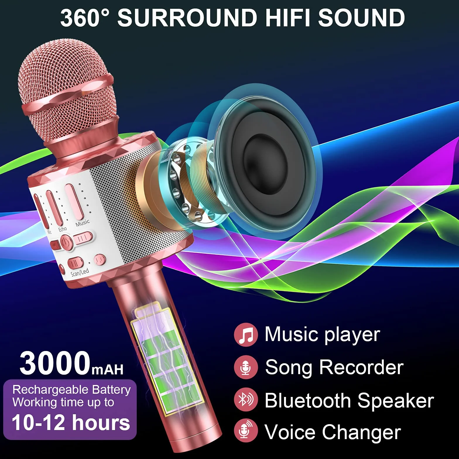 Micros sans Fil Karaoké Bluetooth avec Lumière Scène, Haut-Parleur Portable pour Fête Chanter Disco KTV