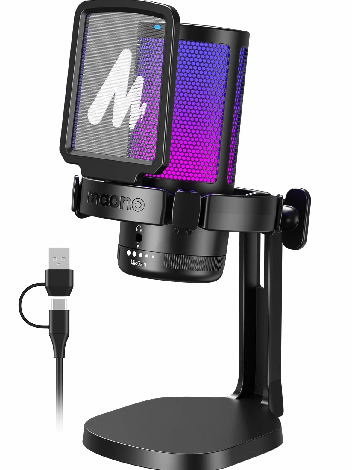 MAONO DGM20 Micro Gaming RGB, Condensateur Microphone USB Antibruit pour Streaming Podcast Studio avec Éclairage RGB Contrôlable