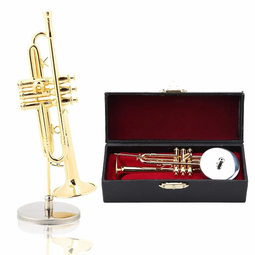 Miniature Trompette en Laiton Doré avec Support et Étui, Ornement Musical