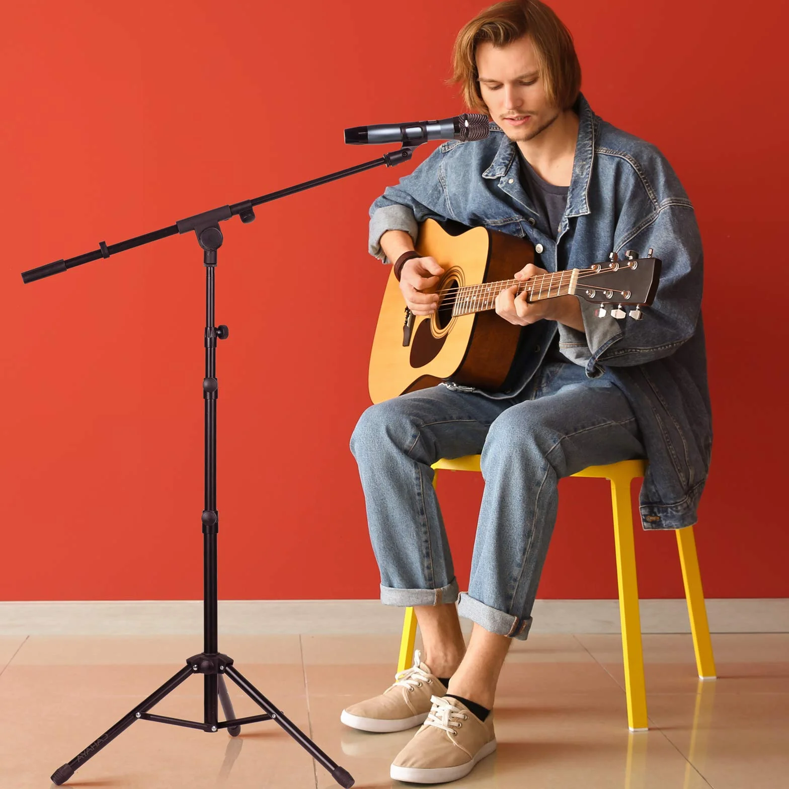 CAHAYA Pied de Microphone au Sol Mobile 2 en 1 Trépied en Métal Réglable Pliable Support pour Concerts Conférence Vidéo