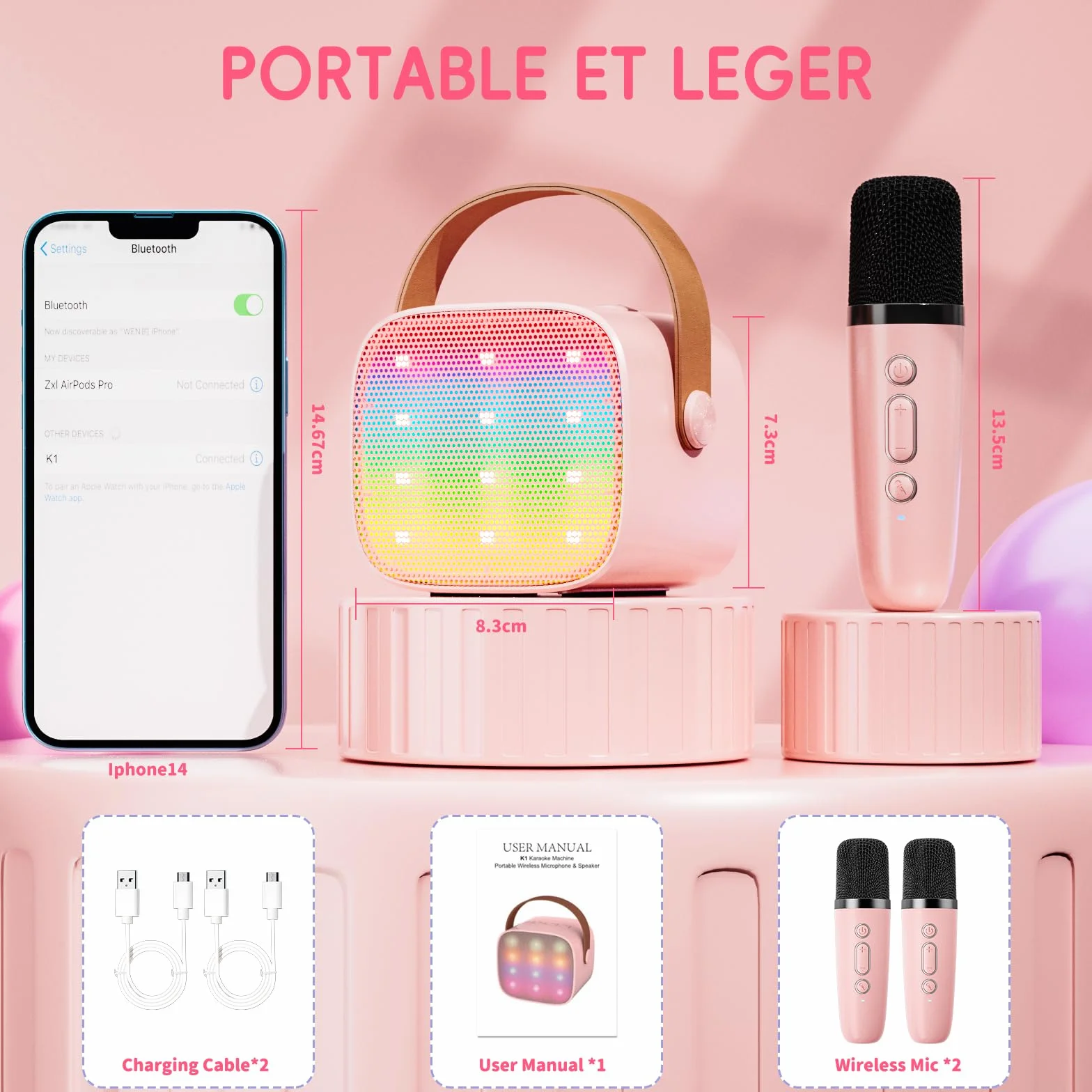Ankuka Karaoke Enfants avec 2 Micro sans Fil Portable, Voix Change LED Lumière HiFi Mini Microphone Rose