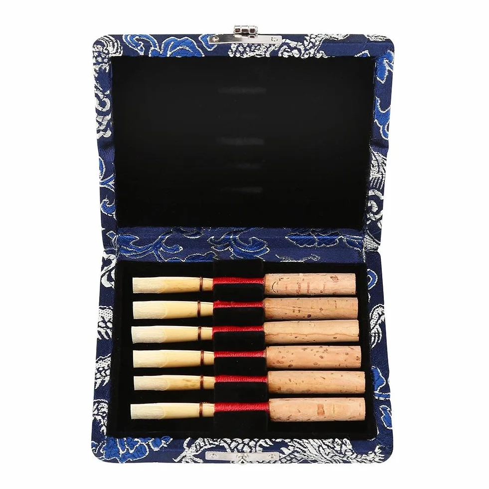 Etui pour anche hautbois en bois d'érable + tissu de soie, boîte de rangement pour 6 anches, bleu