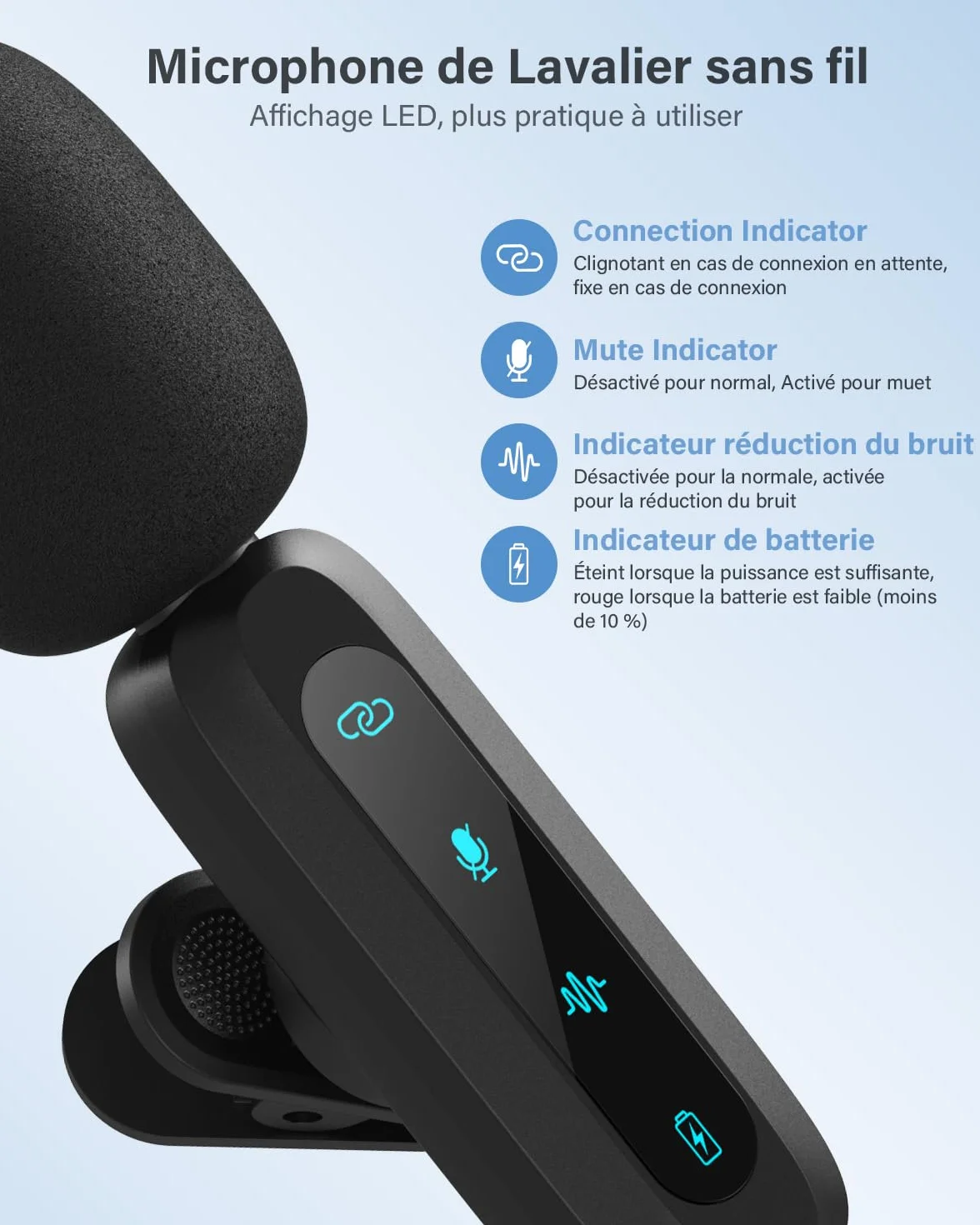 Microphone Lavalier sans Fil 2-Pack pour iPhone iPad Android avec Réduction du Bruit